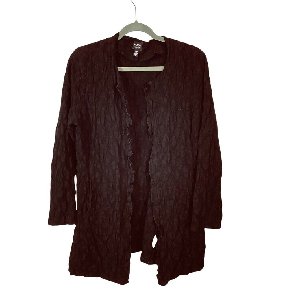 Eileen Fisher Wool Jacket Women's Black Crinkle Texture Open Front Size Large